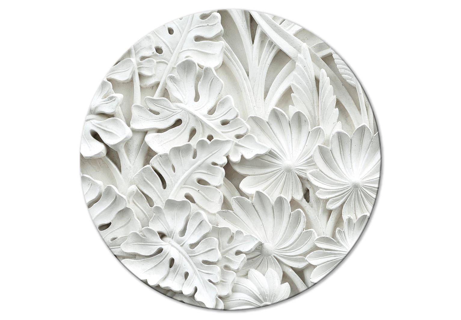 Round Canvas Print - Carved Nature - Pattern With White Leaves Made of Stone