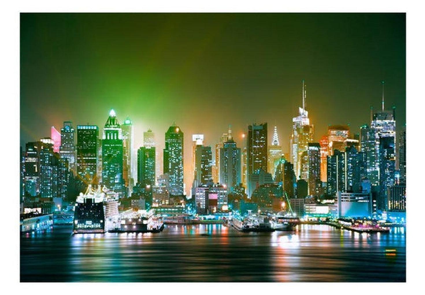 New York Wallpaper Wall Mural - NYC Skyline In Green & Orange Lights