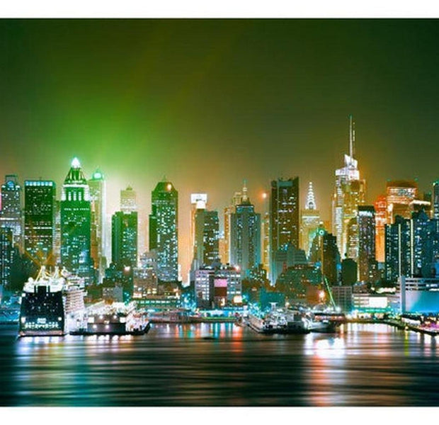 New York Wallpaper Wall Mural - NYC Skyline In Green & Orange Lights