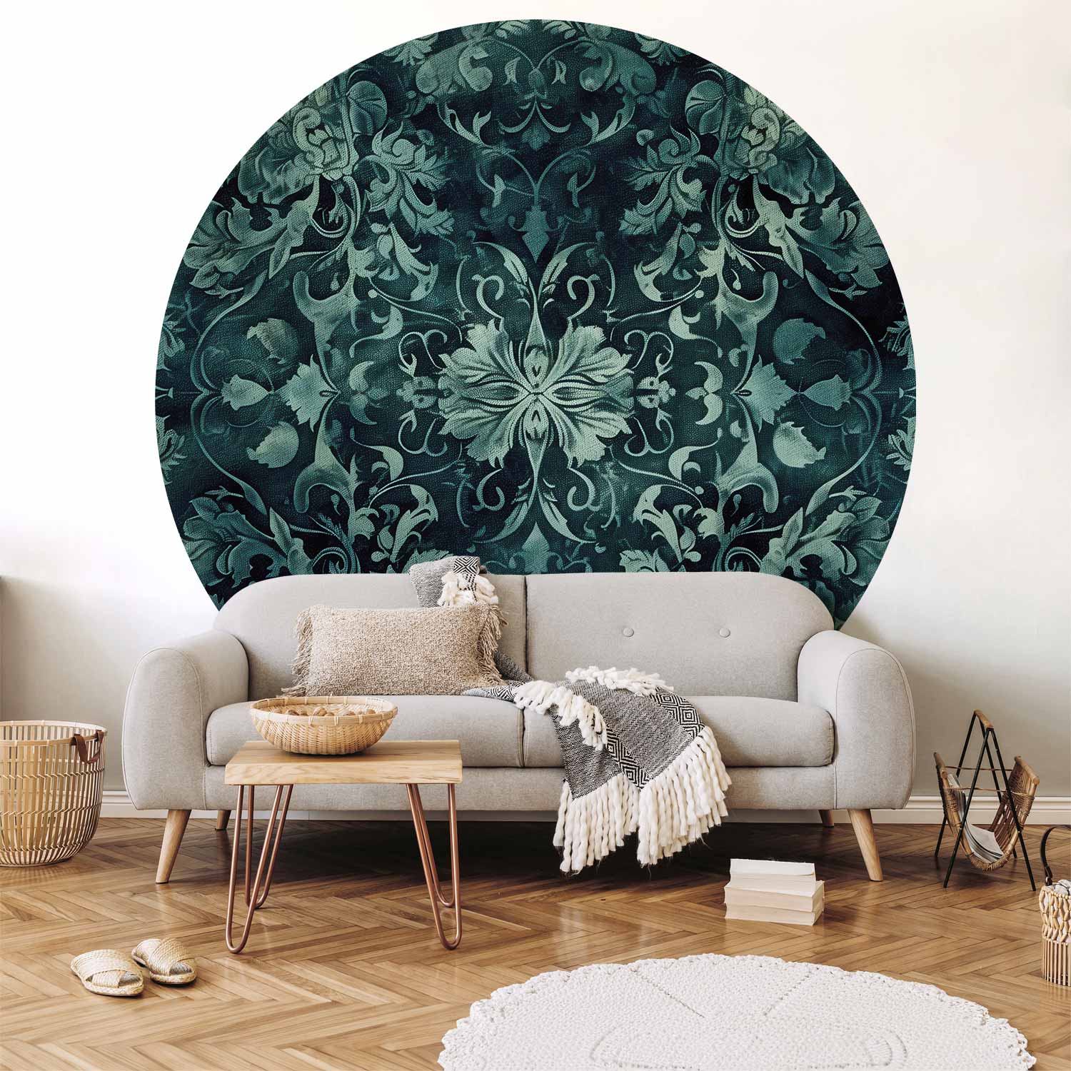 Round Wall Mural - Oriental Carpet Pattern: Emerald Ornaments And Worn Patterns