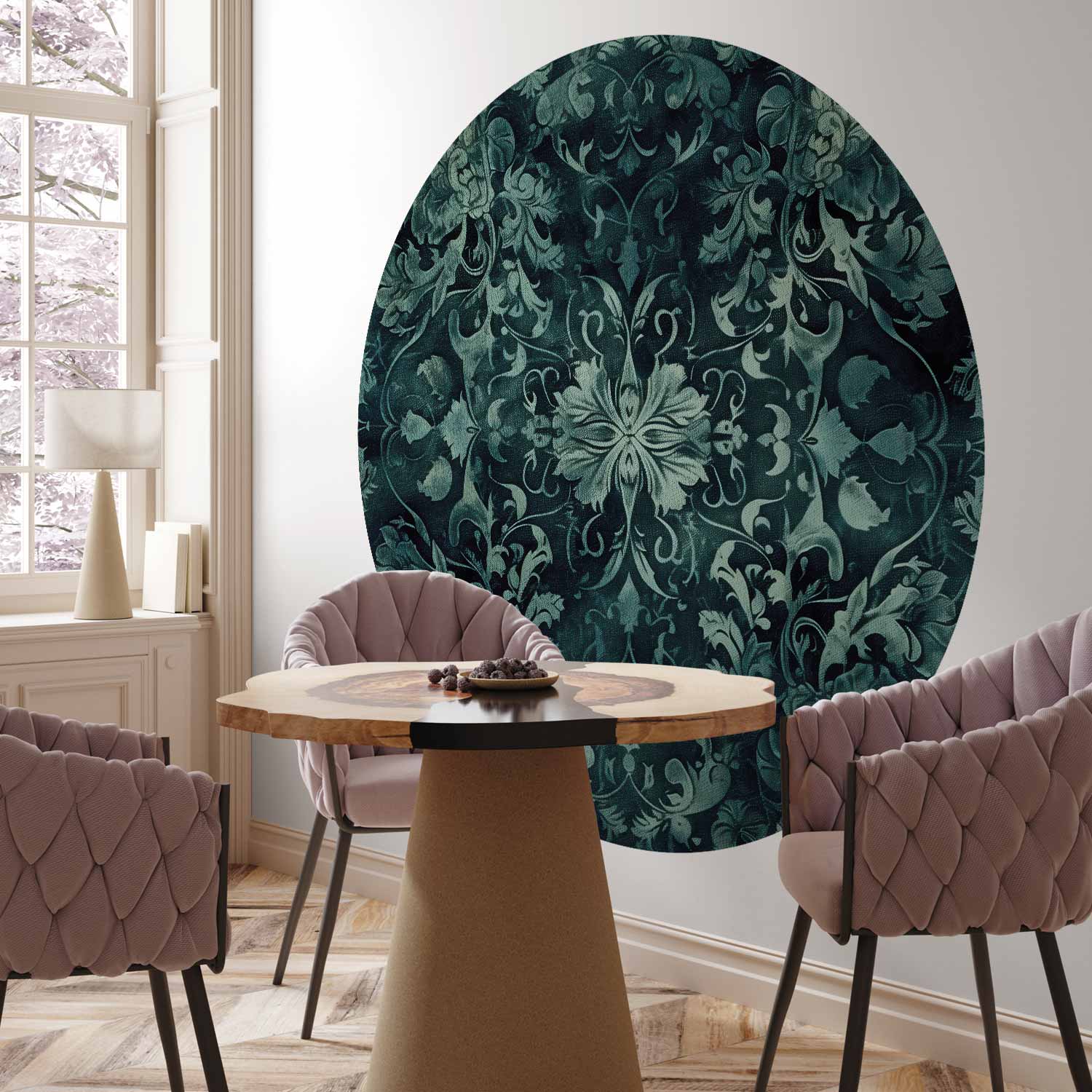 Round Wall Mural - Oriental Carpet Pattern: Emerald Ornaments And Worn Patterns