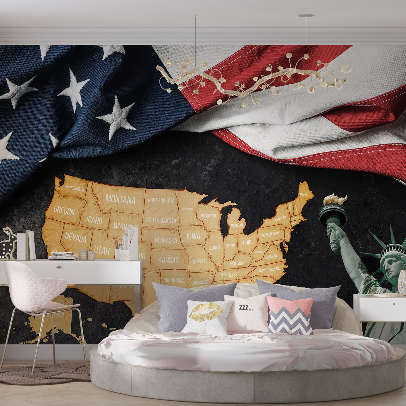 Peel & Stick Americana Wall Mural - USA Map With Flag And Statue - Removable Wall Decals-Tiptophomedecor