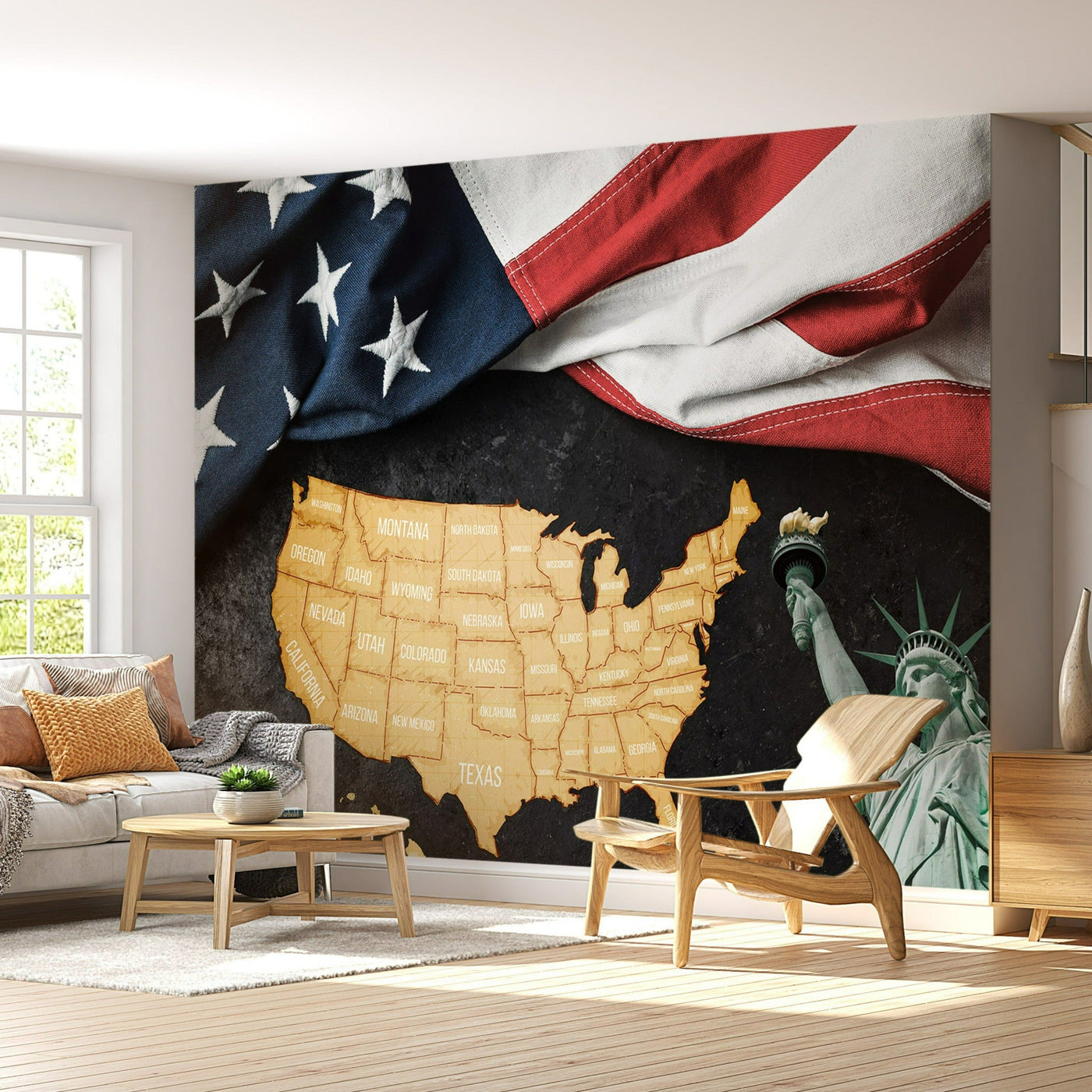 Peel & Stick Americana Wall Mural - USA Map With Flag And Statue - Removable Wall Decals-Tiptophomedecor