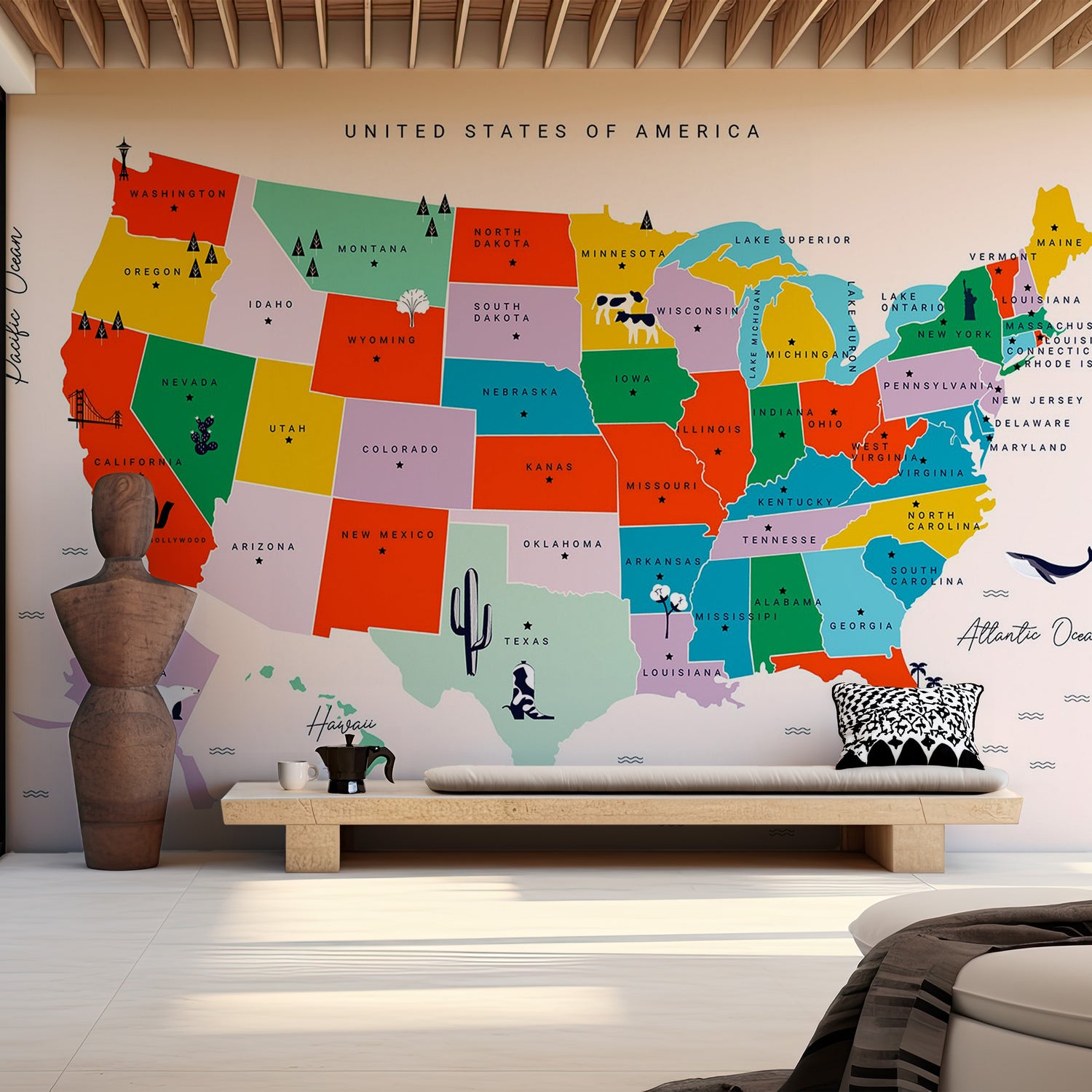 Peel & Stick Map Wall Mural - US Map With State Names - Removable Wall Decals