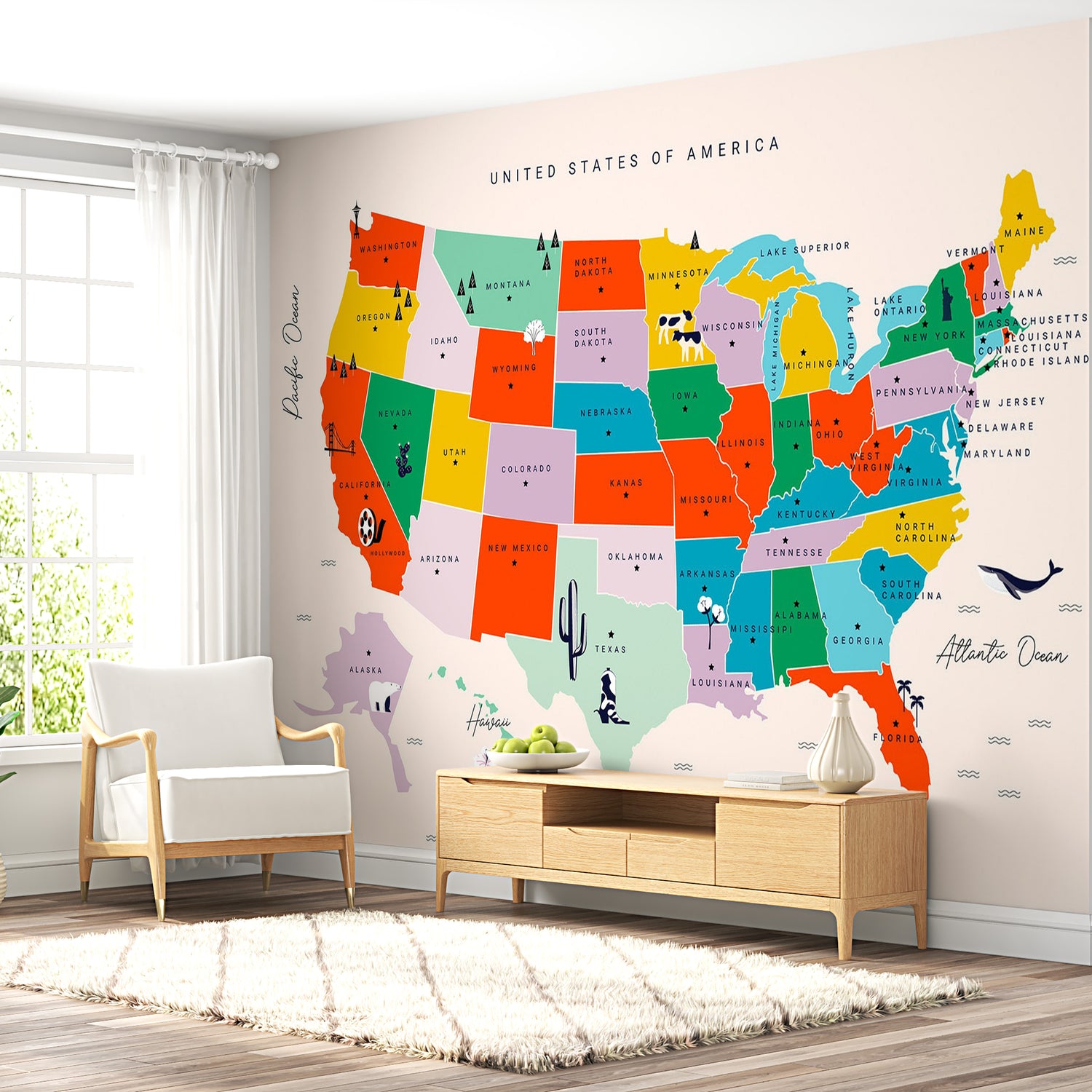 Peel & Stick Map Wall Mural - US Map With State Names - Removable Wall Decals