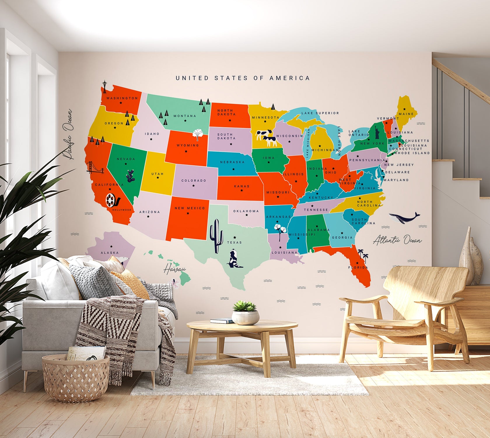 Peel & Stick Map Wall Mural - US Map With State Names - Removable Wall Decals-Tiptophomedecor