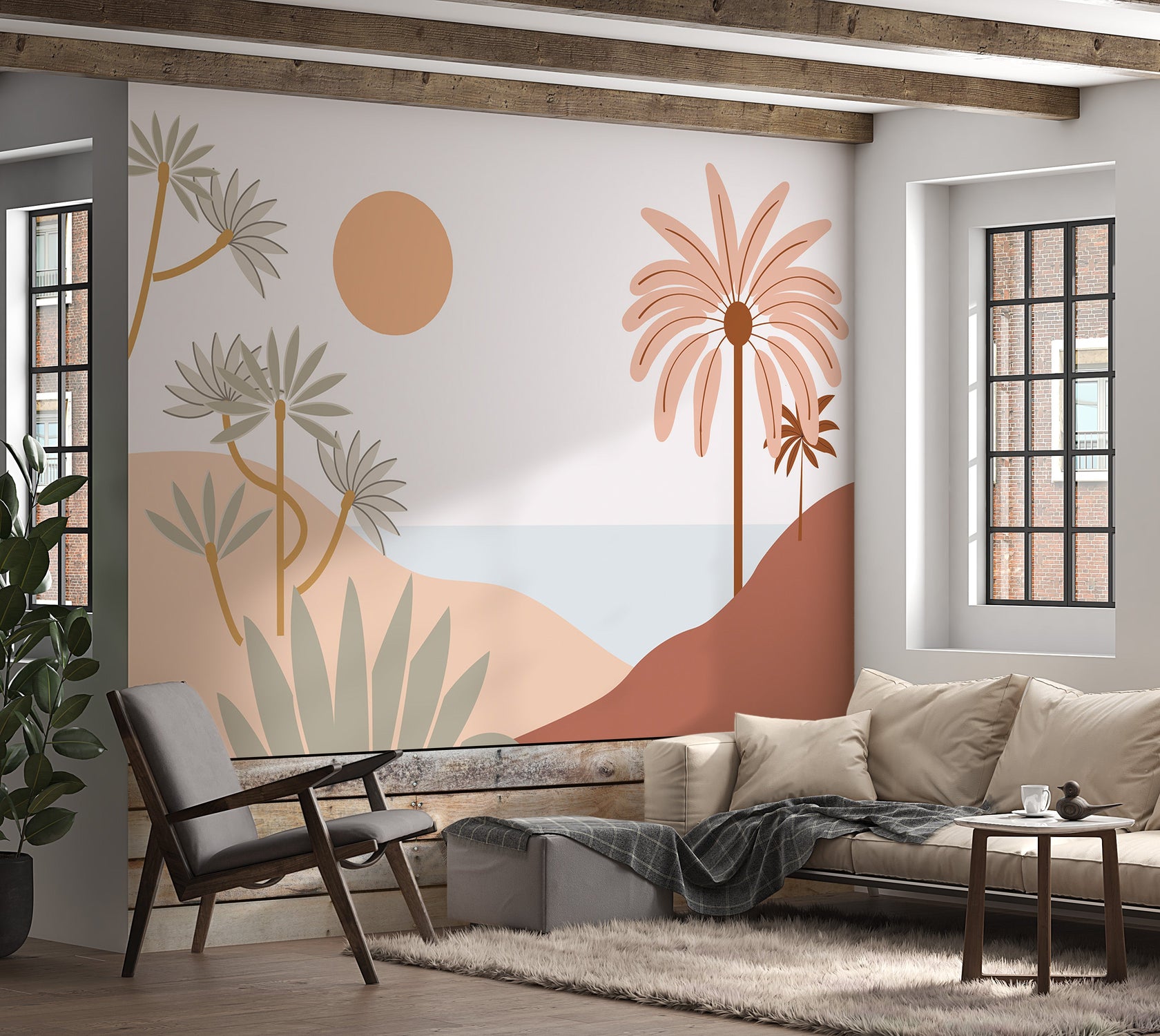 Peel & Stick Tropical Wall Mural - Mid Century Sea View - Removable Wall Decals-Tiptophomedecor