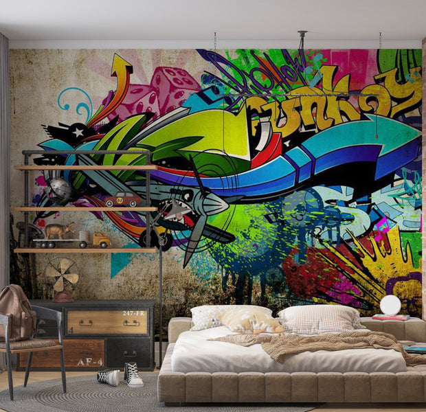 Street Art Wallpaper Wall Mural - Angry Plane Graffiti 39"Wx27"H
