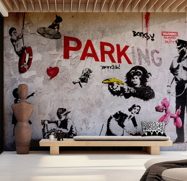 Street Art Wallpaper Wall Mural - Banksy Parking Graffiti 39"Wx27"H