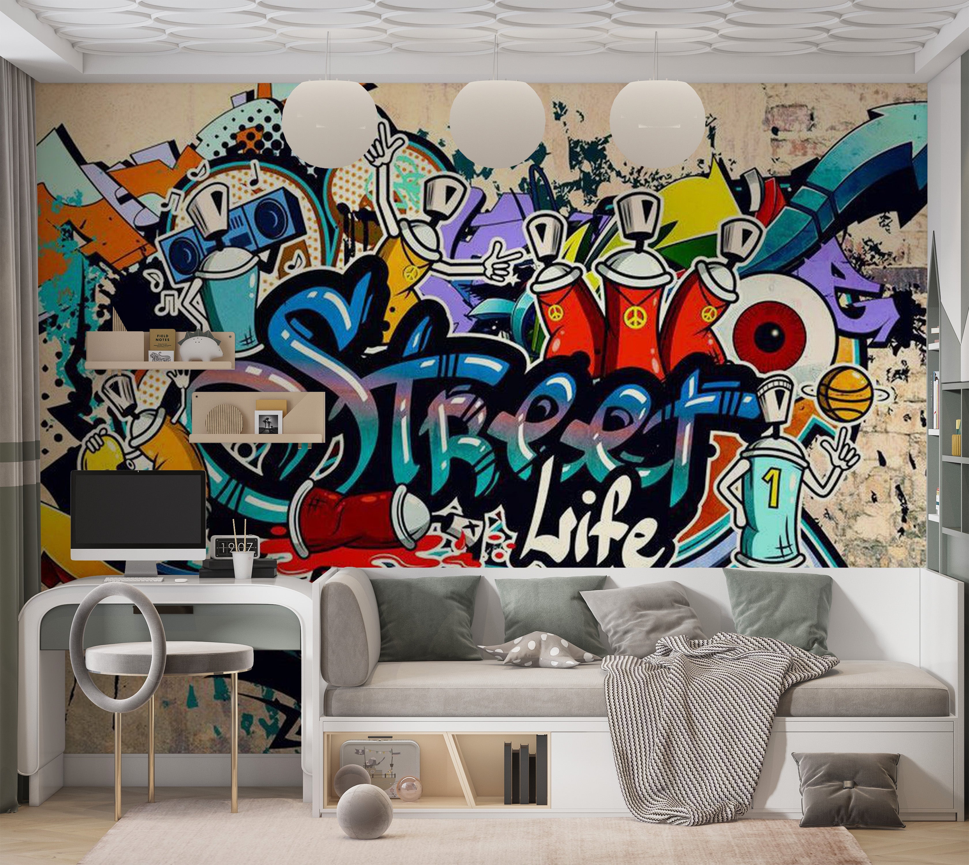 Street Art Wallpaper Wall Mural - City Street Life 39"Wx27"H