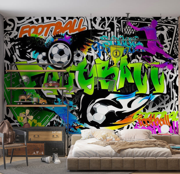 Street Art Wallpaper Wall Mural - Football Graffiti Green 39"Wx27"H