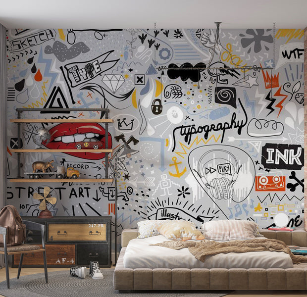 Street Art Wallpaper Wall Mural - Street Wall Scribbles 39"Wx27"H