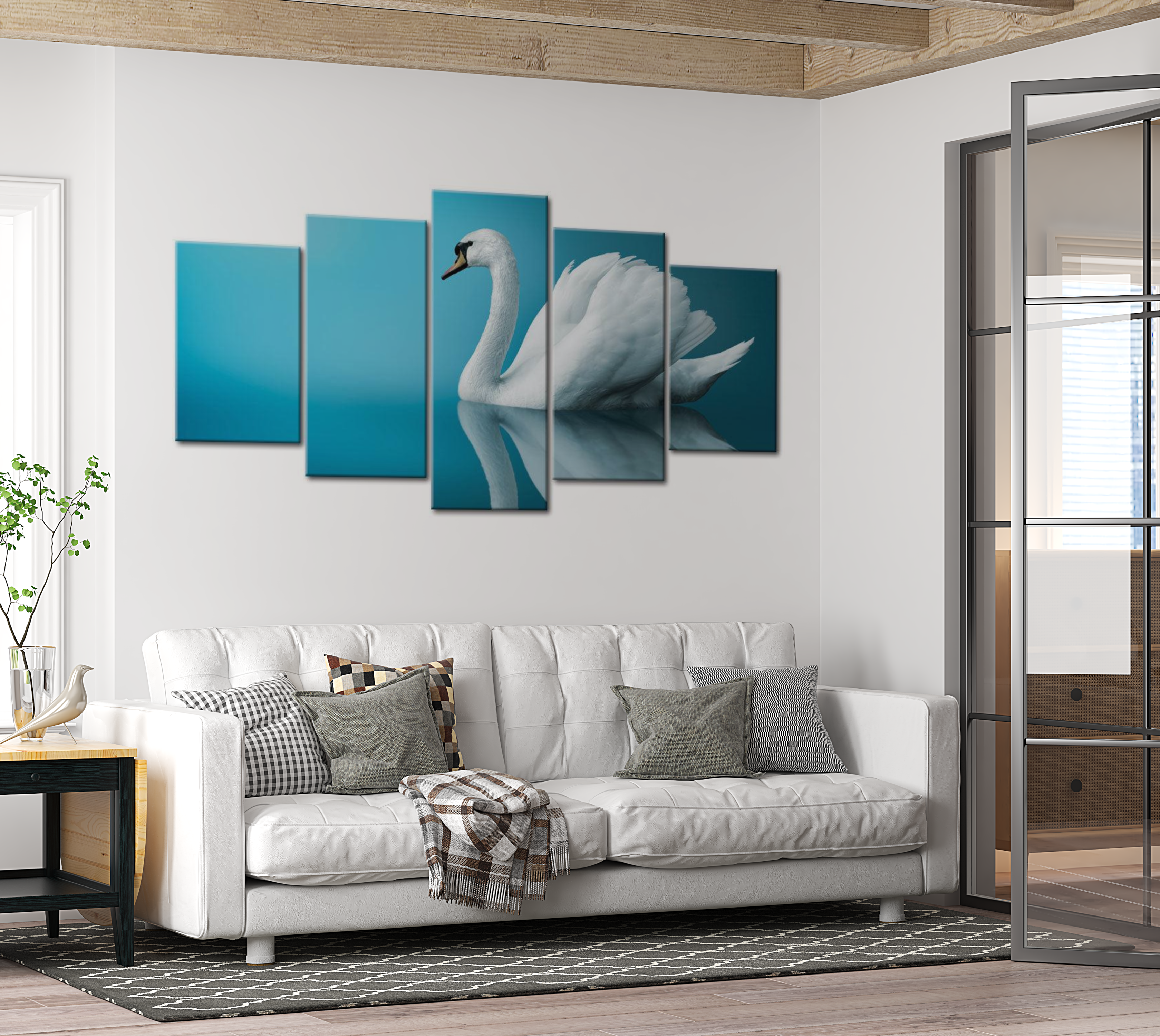 Animal Canvas Wall Art - A Swan In Blue - 5 Pieces