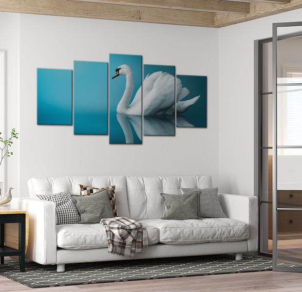 Animal Canvas Wall Art - A Swan In Blue - 5 Pieces