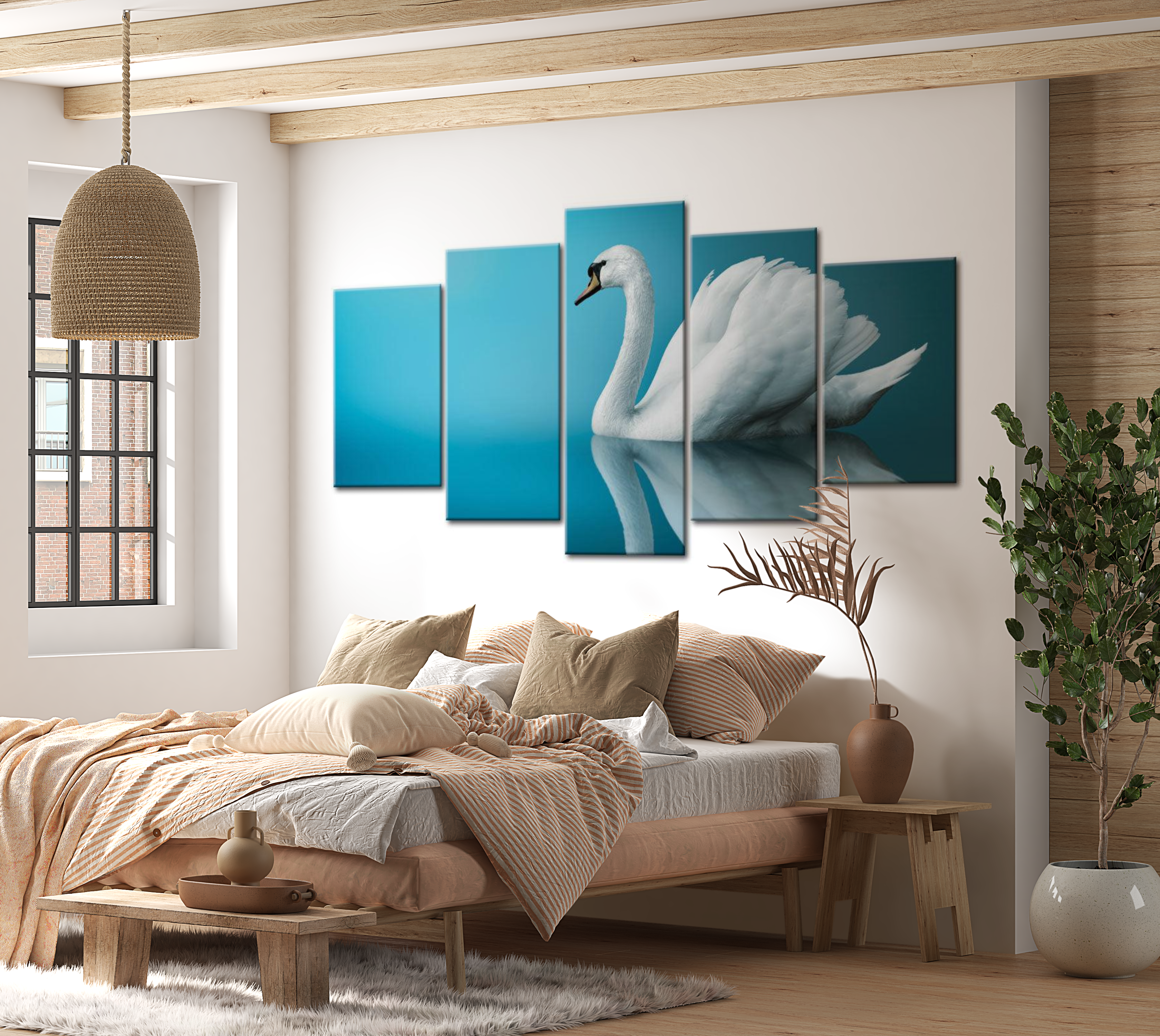 Stretched Canvas Animal Art - A Swan In Blue 40"Wx20"H