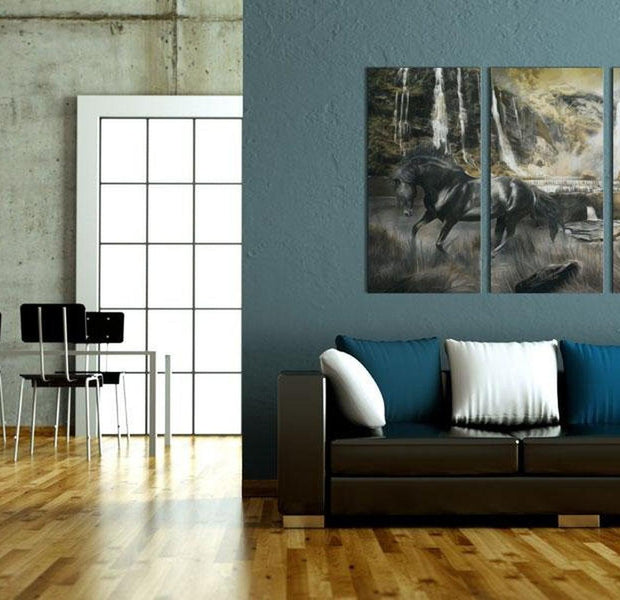 Stretched Canvas Animal Art - Black Horse And Rocky Waterfall