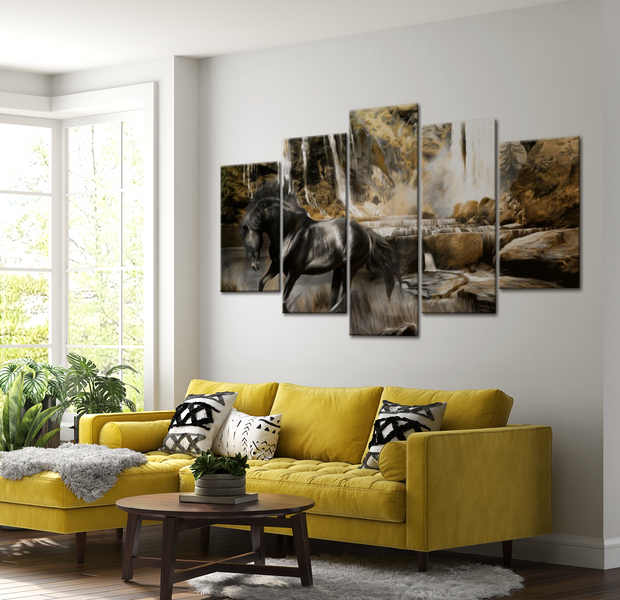 Animal Canvas Wall Art - Black Horse At Waterfall - 5 Pieces