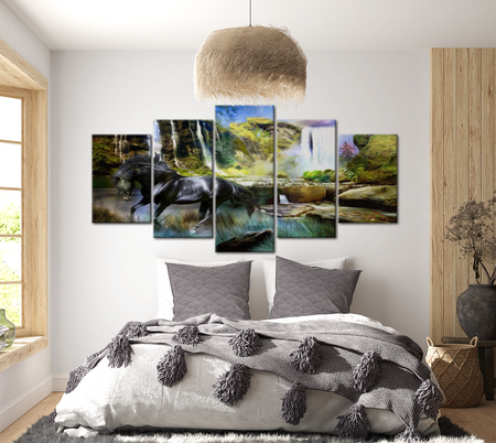 Animal Canvas Wall Art - Black Horse In Paradise - 5 Pieces