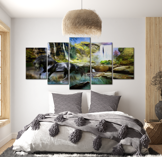 Animal Canvas Wall Art - Black Horse In Paradise - 5 Pieces