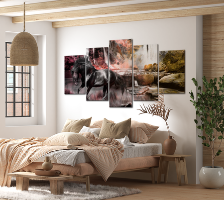 Animal Canvas Wall Art - Black Horse - 5 Pieces