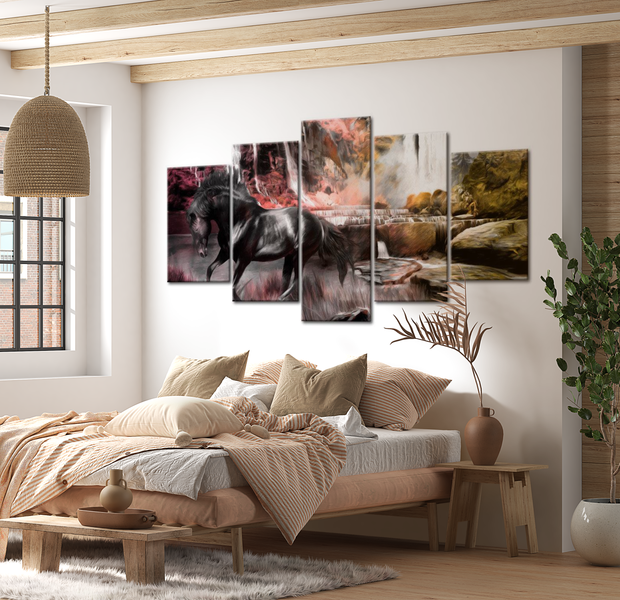 Animal Canvas Wall Art - Black Horse - 5 Pieces