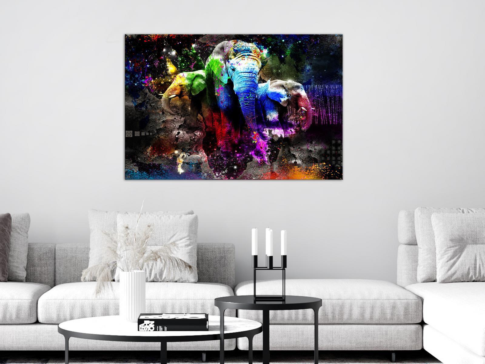 Stretched Canvas Animal Art - Colorful Elephants Wide