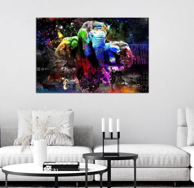 Stretched Canvas Animal Art - Colorful Elephants Wide