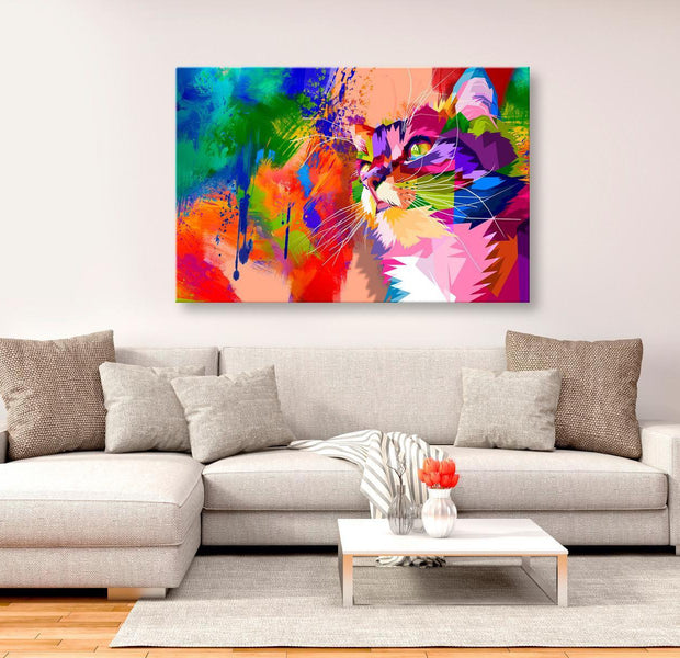 Stretched Canvas Animal Art - Colourful Cat Wide