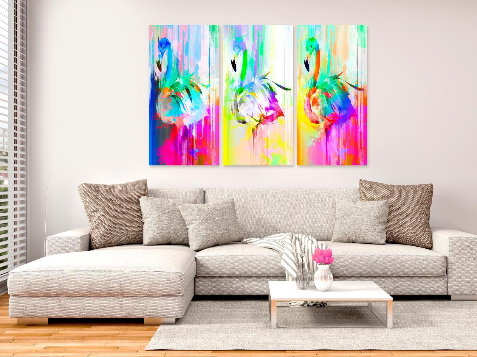 Stretched Canvas Animal Art - Colourful Flamingos