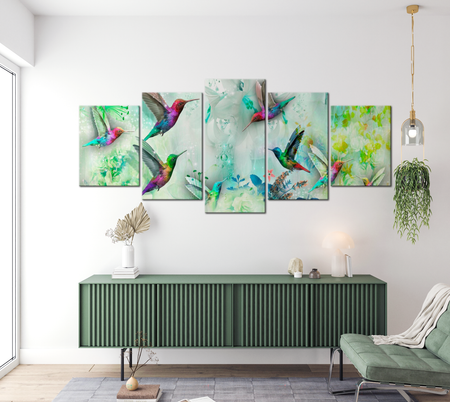 Animal Canvas Wall Art - Colourful Hummingbirds Green - 5 Pieces