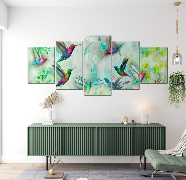 Animal Canvas Wall Art - Colourful Hummingbirds Green - 5 Pieces