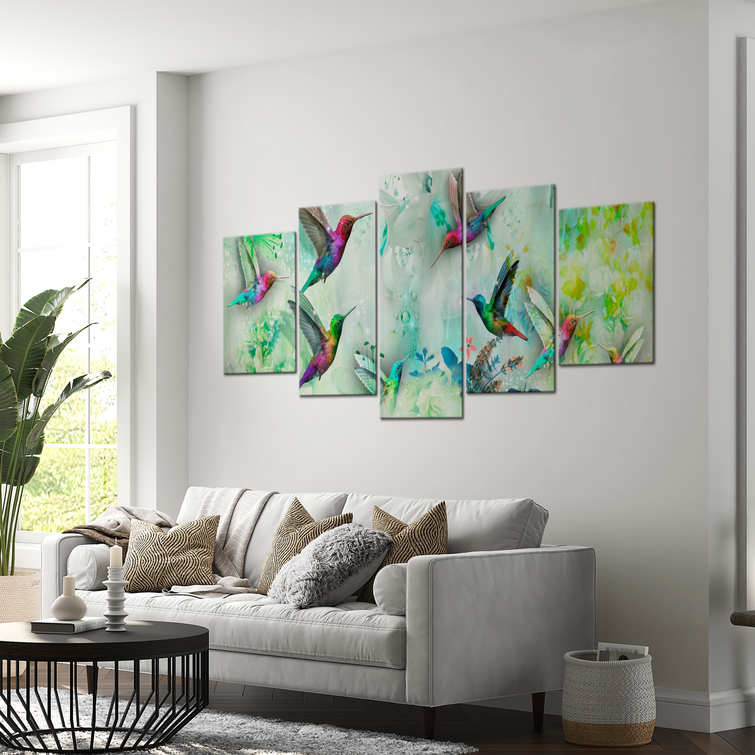 Stretched Canvas Animal Art - Colourful Hummingbirds Green 40"Wx20"H