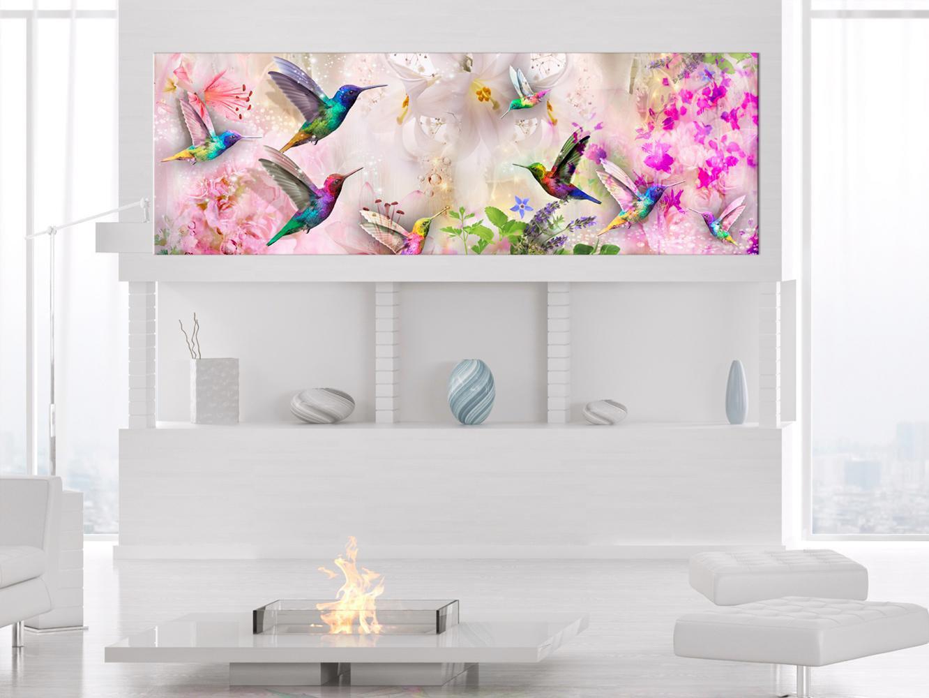 Stretched Canvas Animal Art - Colourful Hummingbirds Narrow