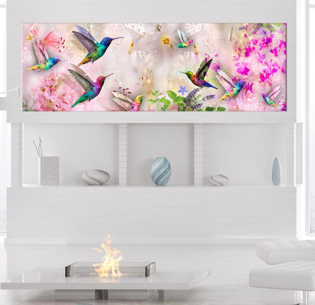 Stretched Canvas Animal Art - Colourful Hummingbirds Narrow