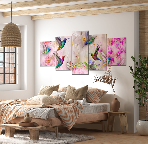 Animal Canvas Wall Art - Colourful Hummingbirds Pink - 5 Pieces