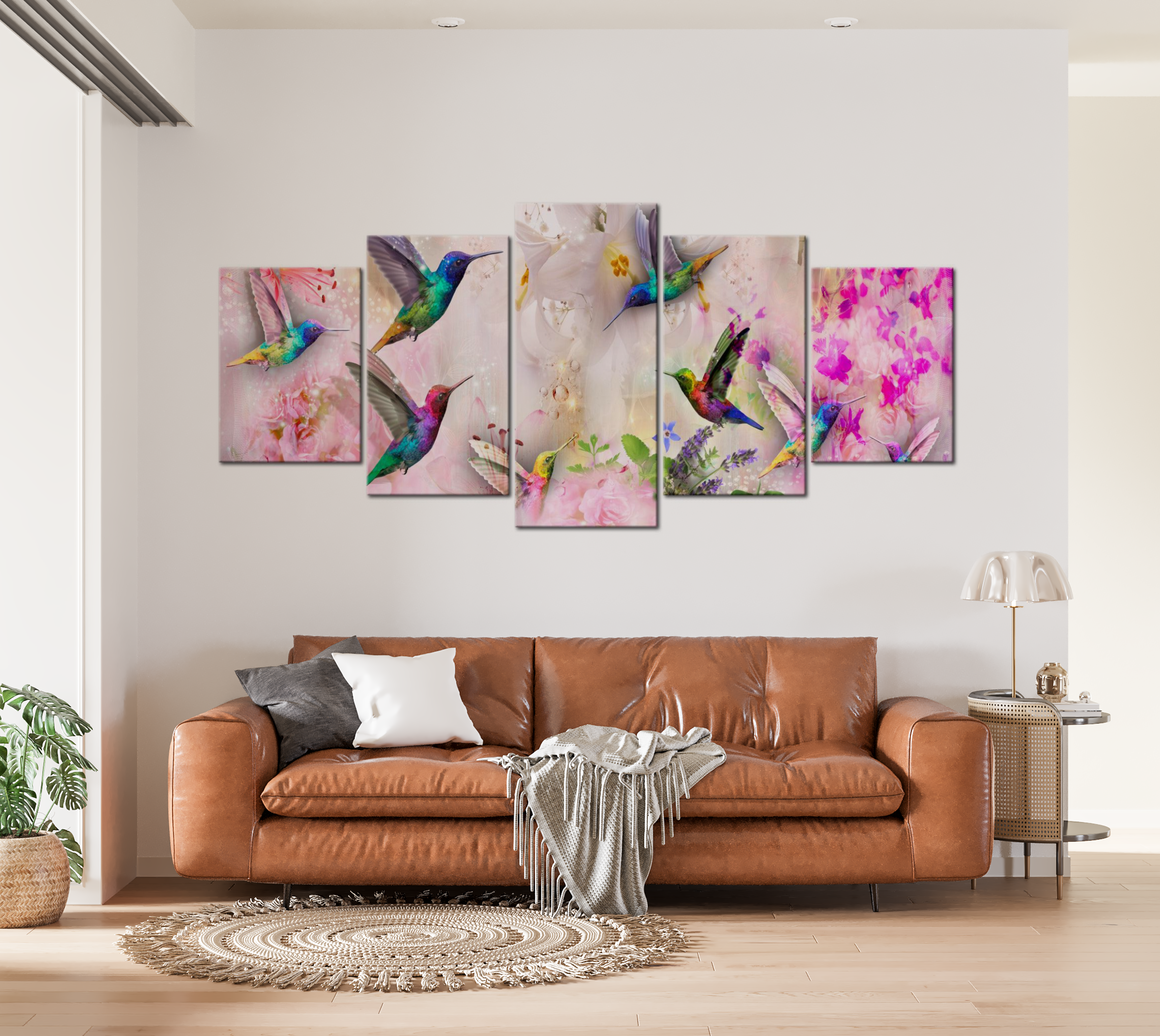 Stretched Canvas Animal Art - Colourful Hummingbirds Pink 40"Wx20"H