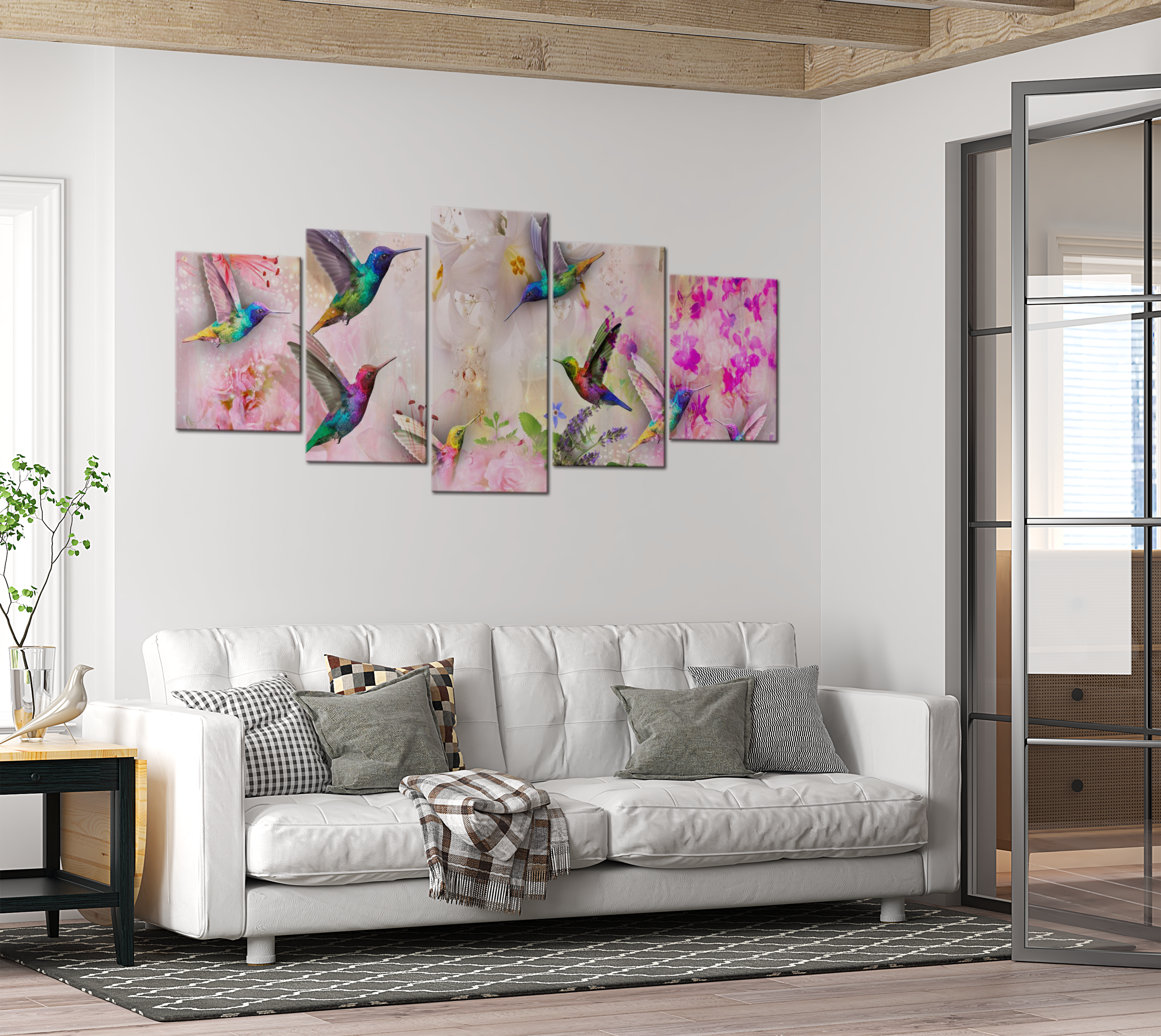 Stretched Canvas Animal Art - Colourful Hummingbirds Pink 40"Wx20"H