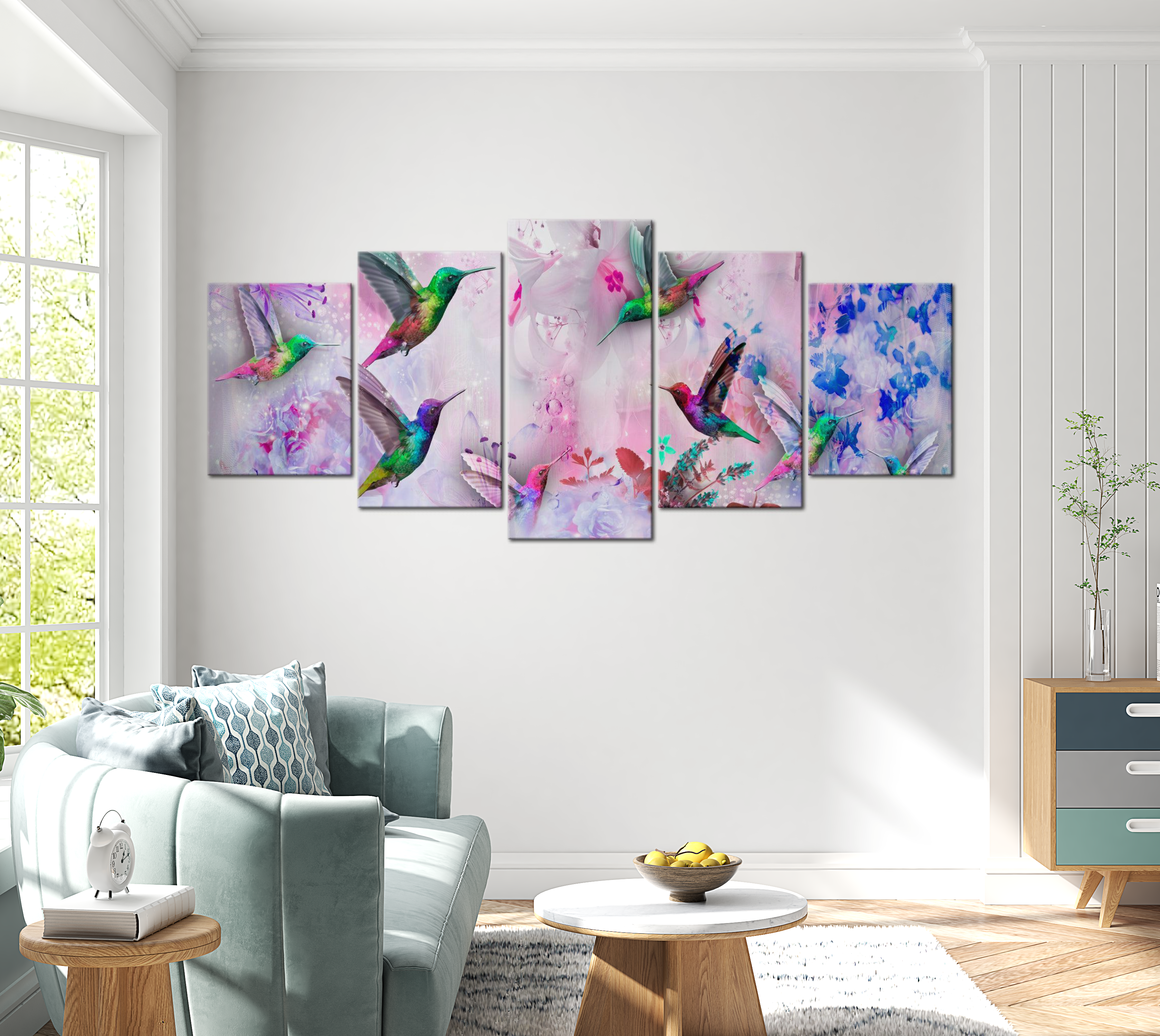 Animal Canvas Wall Art - Colourful Hummingbirds Violet - 5 Pieces