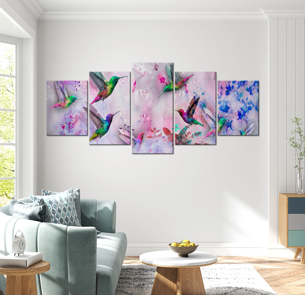 Animal Canvas Wall Art - Colourful Hummingbirds Violet - 5 Pieces
