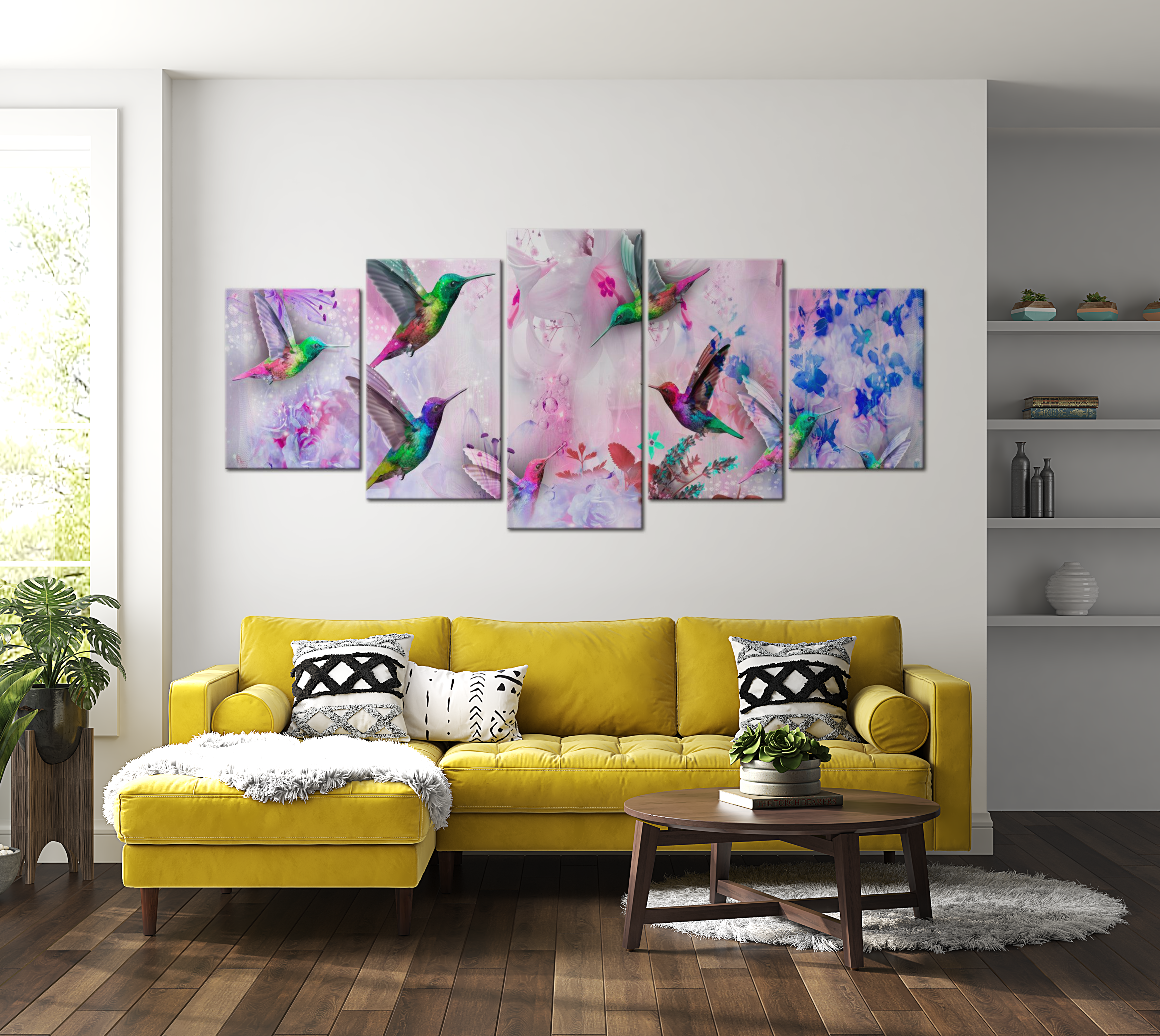 Stretched Canvas Animal Art - Colourful Hummingbirds Violet 5 Piece 40"Wx20"H