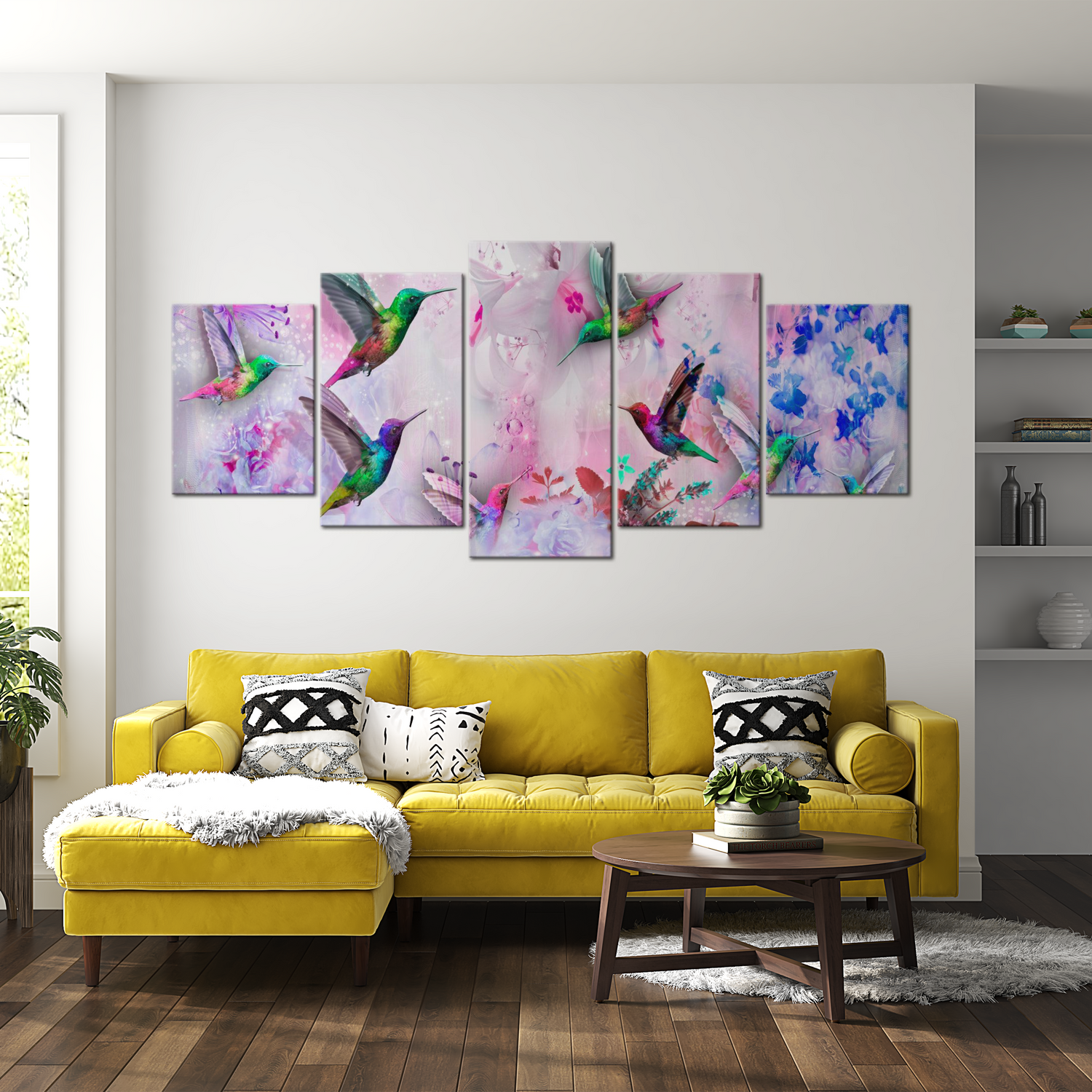 Stretched Canvas Animal Art - Colourful Hummingbirds Violet 5 Piece 40"Wx20"H