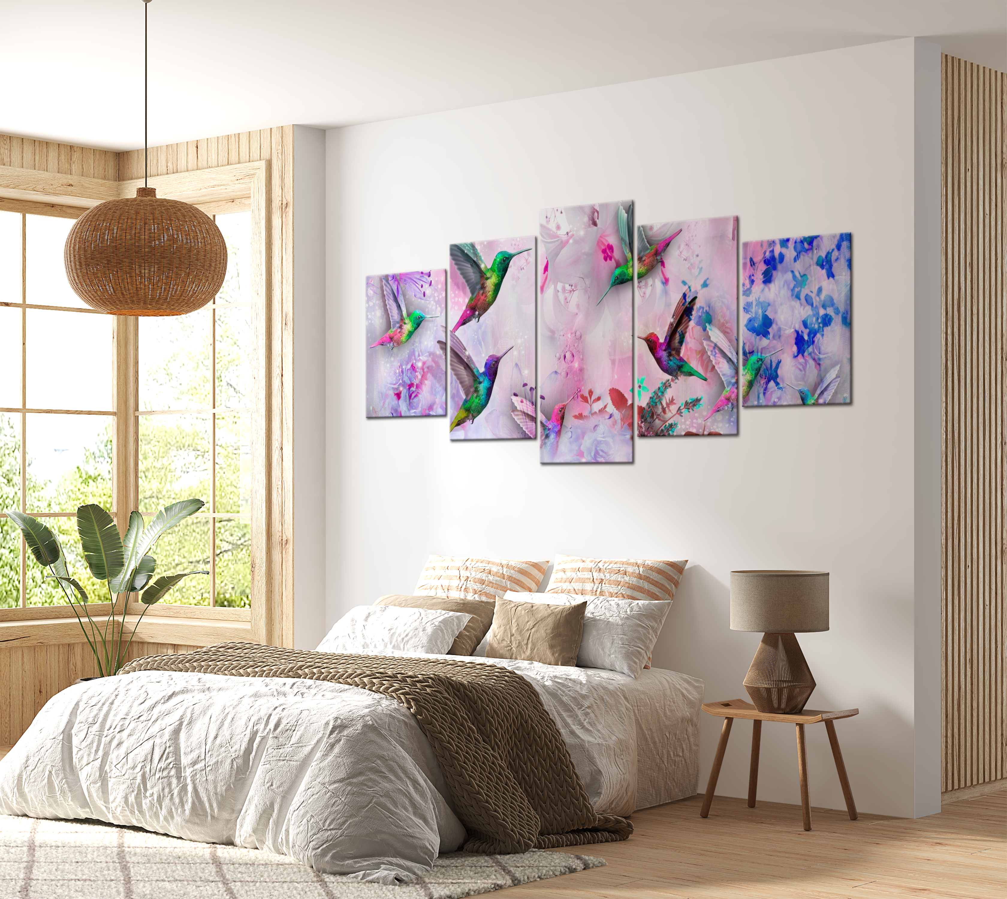 Stretched Canvas Animal Art - Colourful Hummingbirds Violet 5 Piece 40"Wx20"H