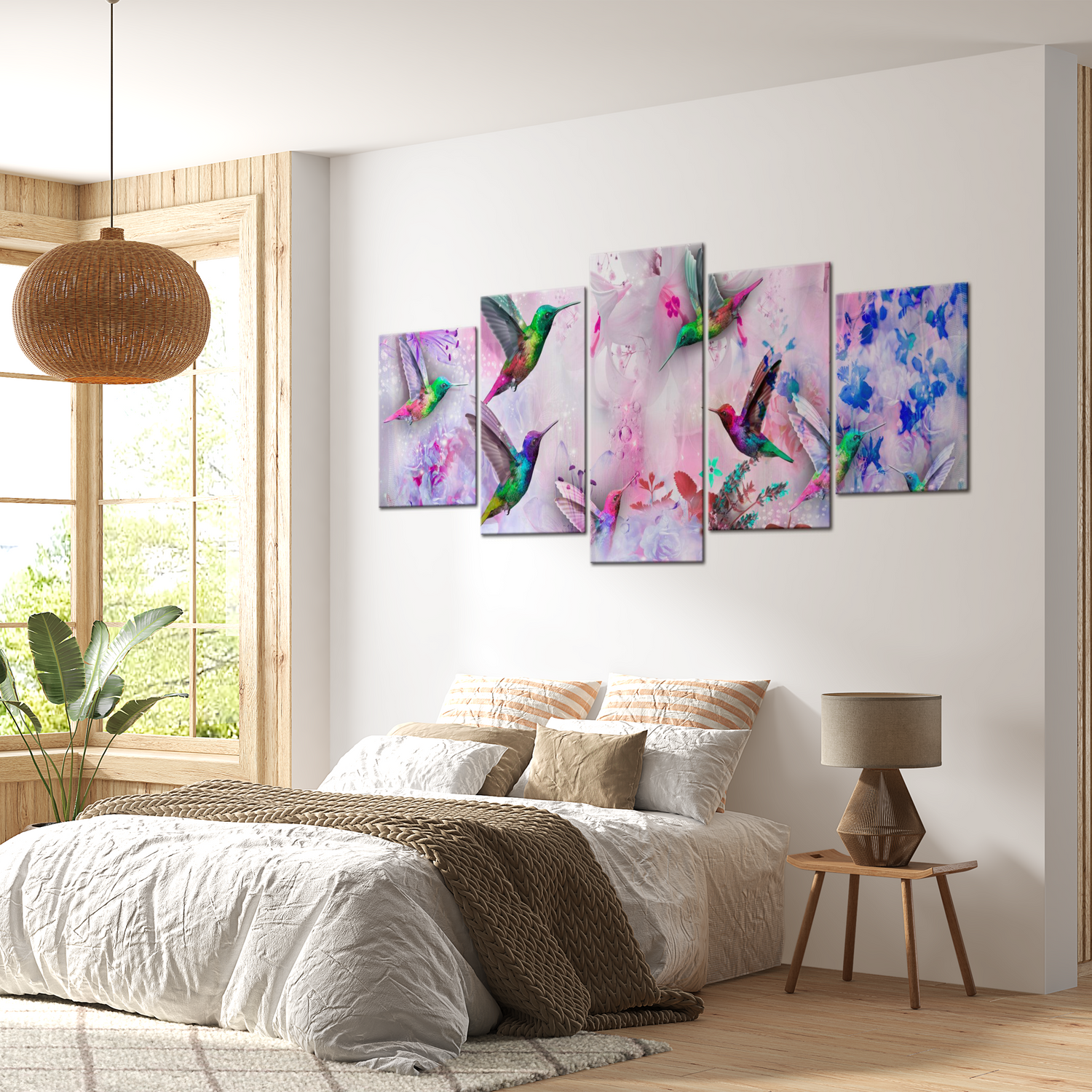 Stretched Canvas Animal Art - Colourful Hummingbirds Violet 5 Piece 40"Wx20"H