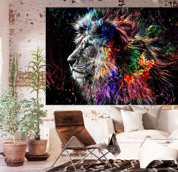 Stretched Canvas Animal Art - Crazy Lion Wide