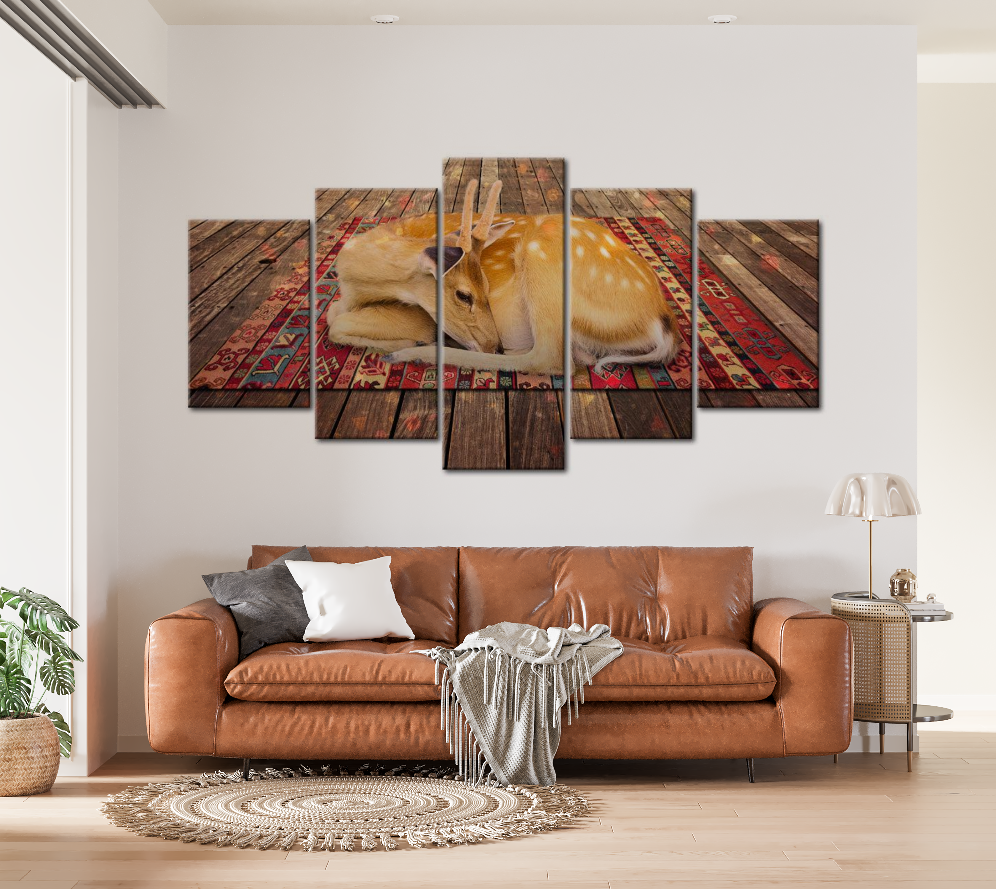 Animal Canvas Wall Art - Deer On Carpet - 5 Pieces