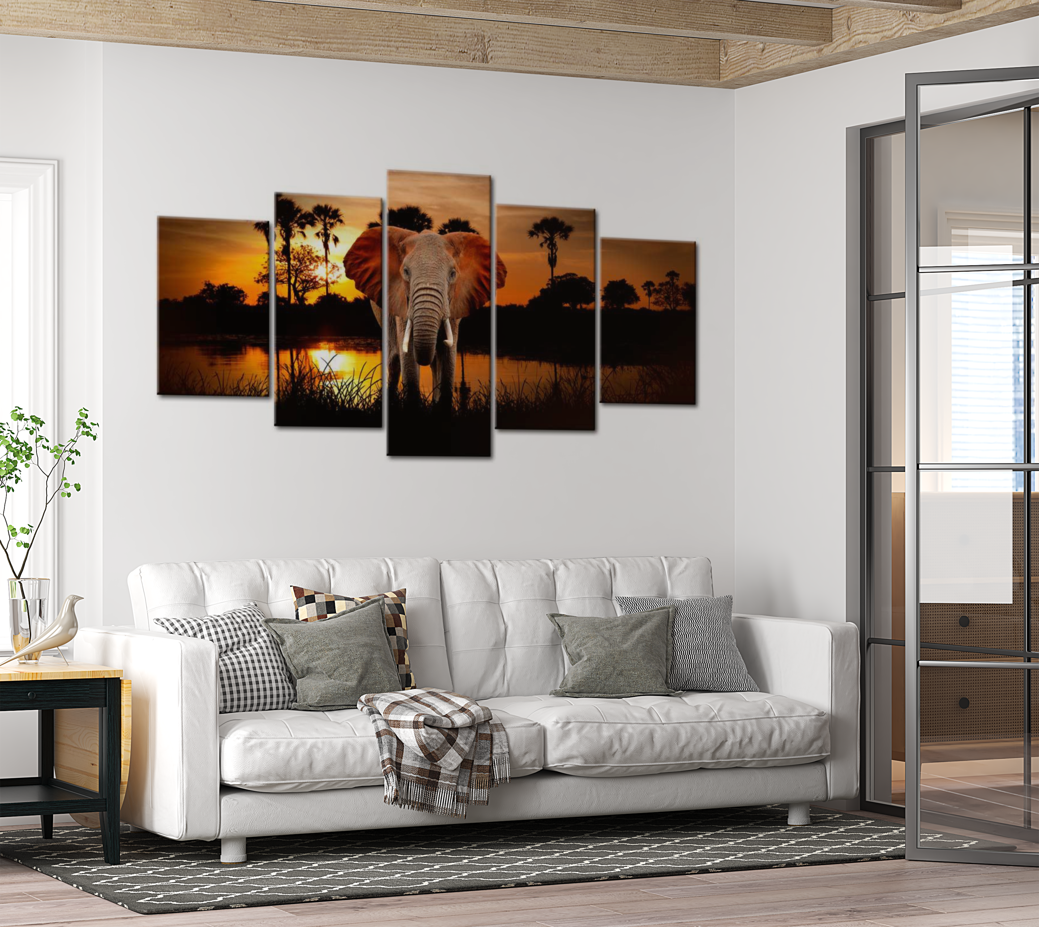 Animal Canvas Wall Art - Elephant At Sunset - 5 Pieces