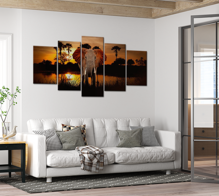Animal Canvas Wall Art - Elephant At Sunset - 5 Pieces