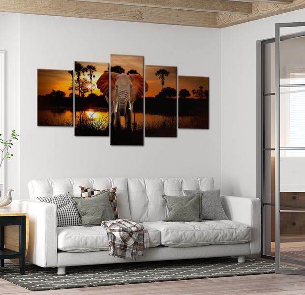 Animal Canvas Wall Art - Elephant At Sunset - 5 Pieces