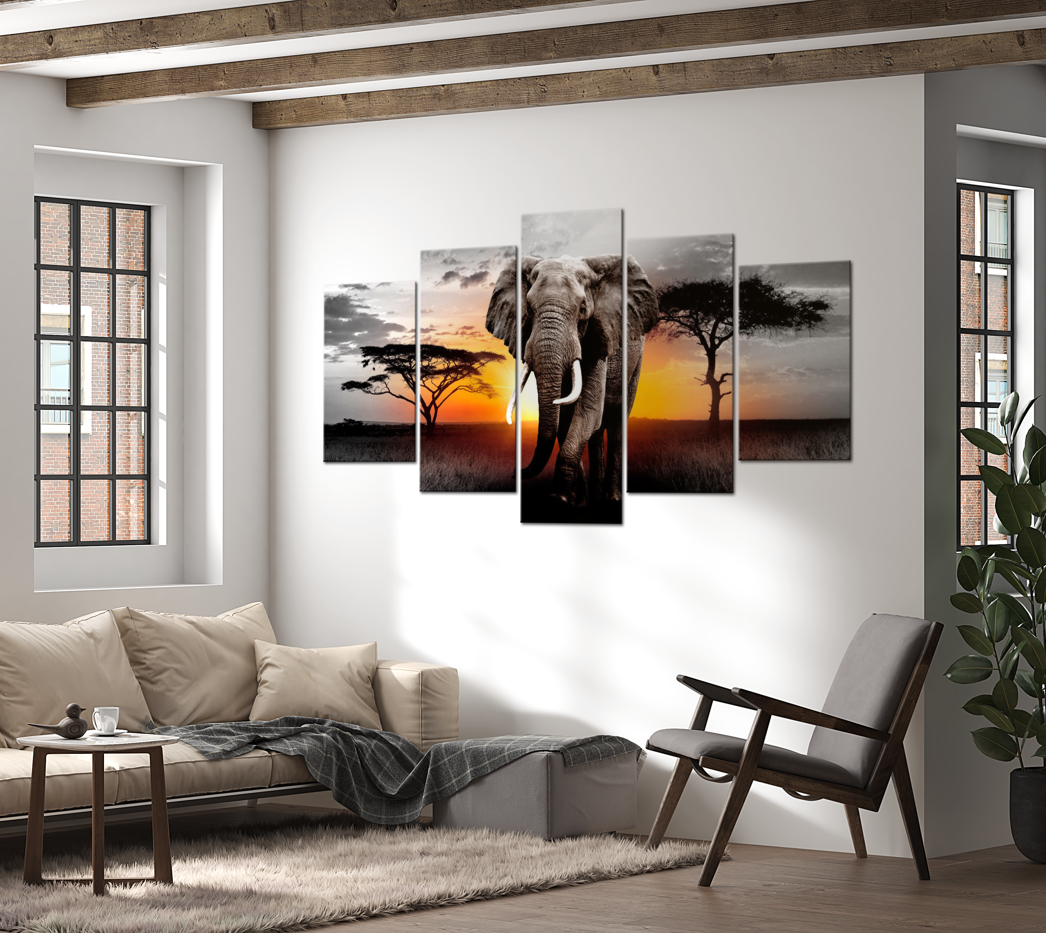 Animal Canvas Wall Art - Elephant At Sunset - 5 Pieces