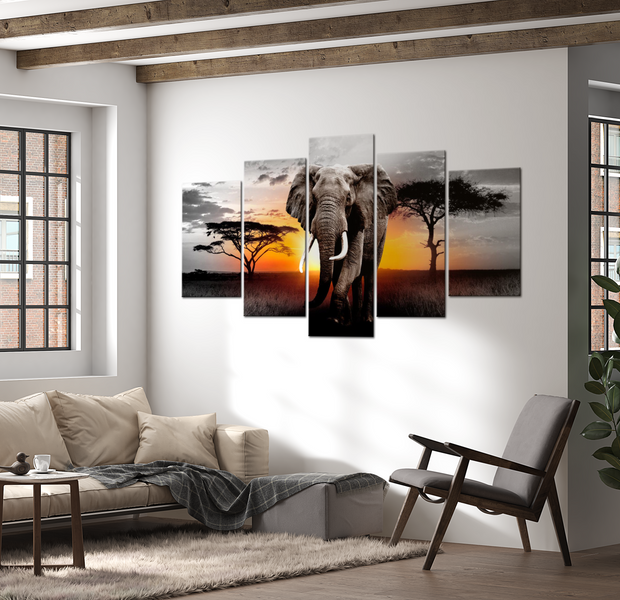 Animal Canvas Wall Art - Elephant At Sunset - 5 Pieces